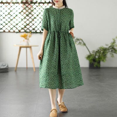 Spring Retro Floral Print Linen Dress