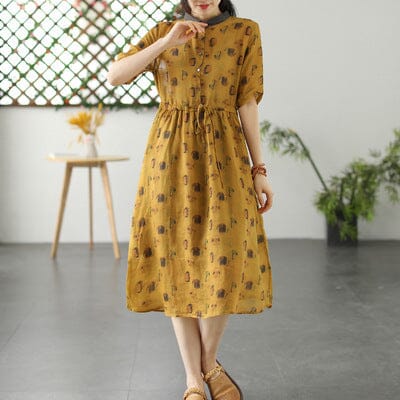 Spring Retro Floral Print Linen Dress