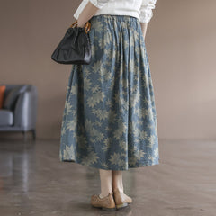 Spring Retro Leaf Print High Waist Cotton Linen Skirt