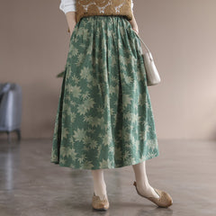 Spring Retro Leaf Print High Waist Cotton Linen Skirt