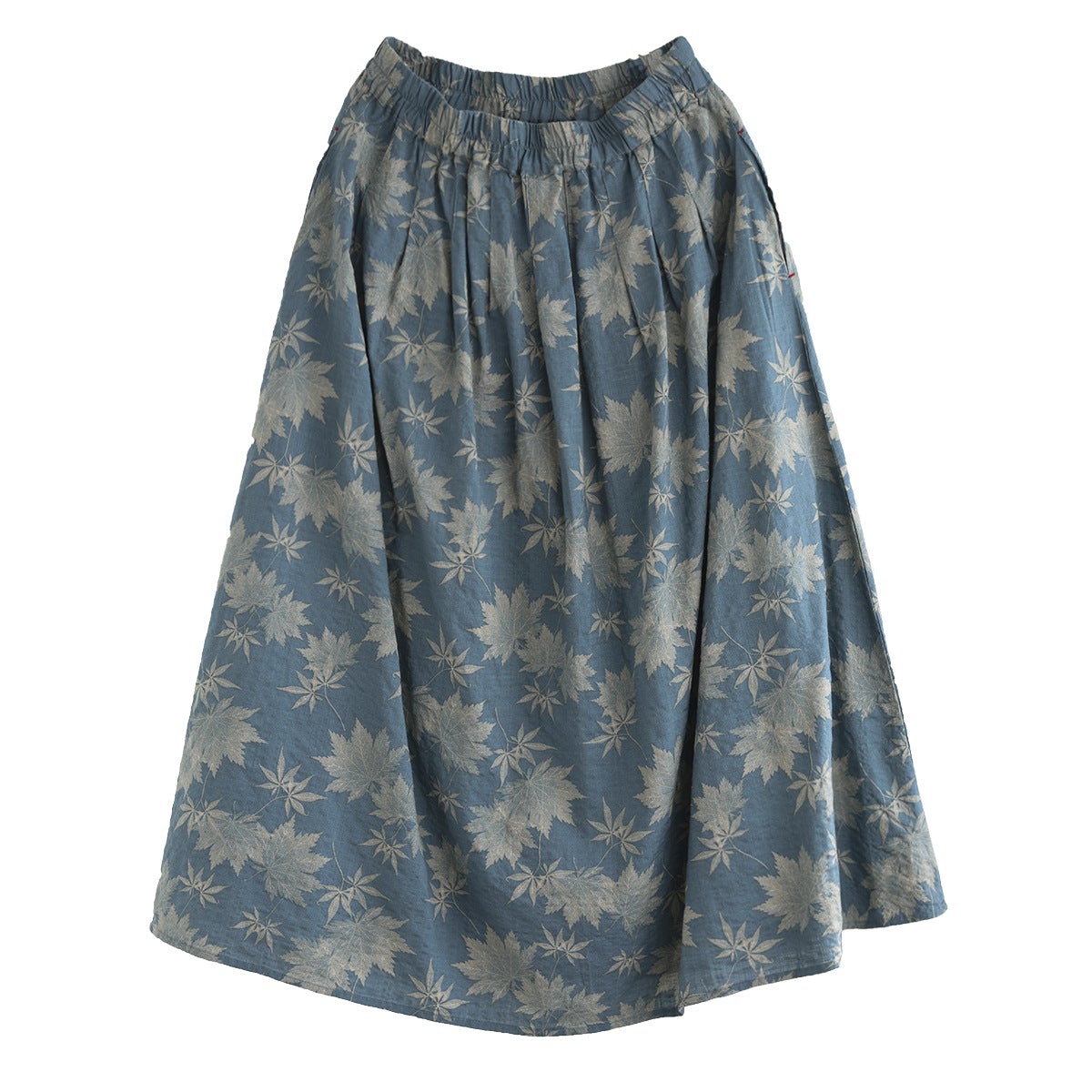 Spring Retro Leaf Print High Waist Cotton Linen Skirt