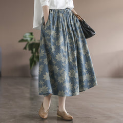 Spring Retro Leaf Print High Waist Cotton Linen Skirt