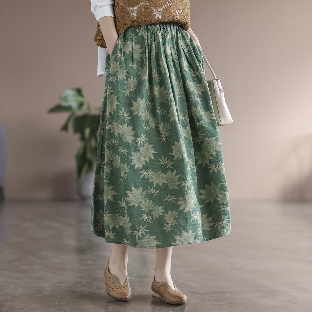 Spring Retro Leaf Print High Waist Cotton Linen Skirt