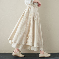 Spring Retro Linen Floral Hollow Embroidery Skirt