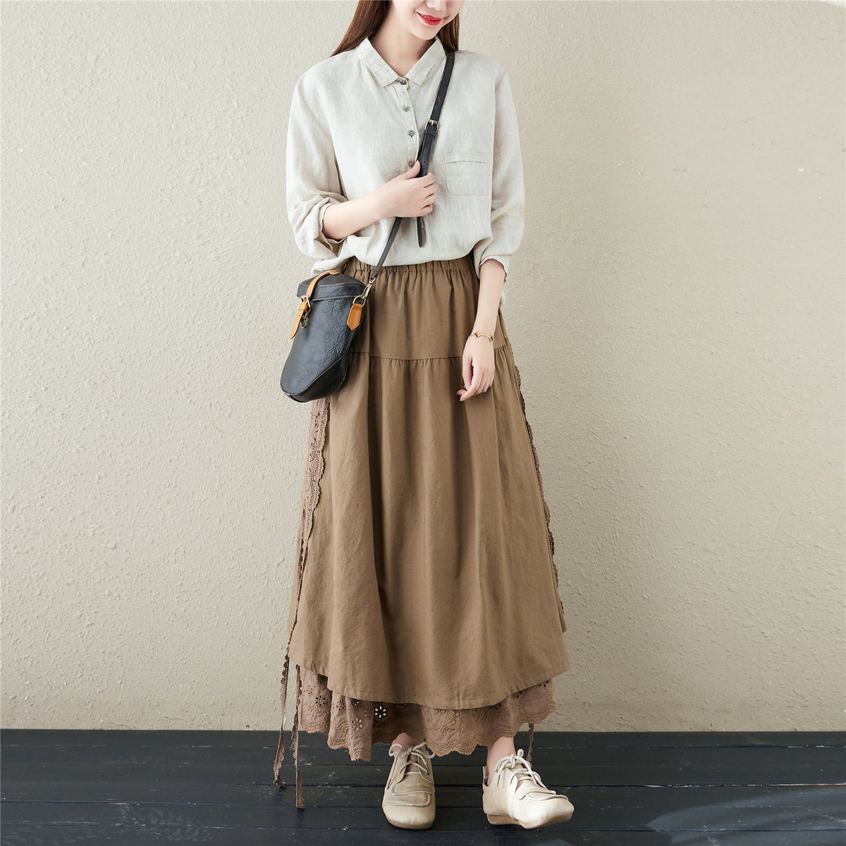 Spring Retro Linen Floral Hollow Embroidery Skirt