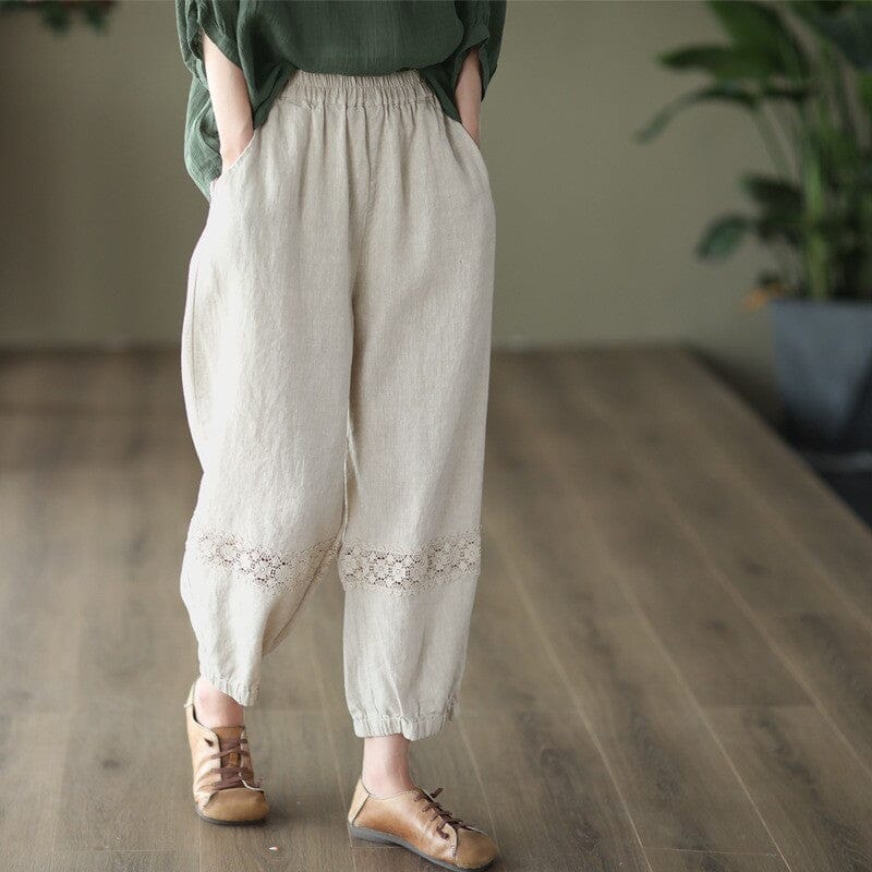 Spring Retro Linen Lace Patchwork Loose Pants