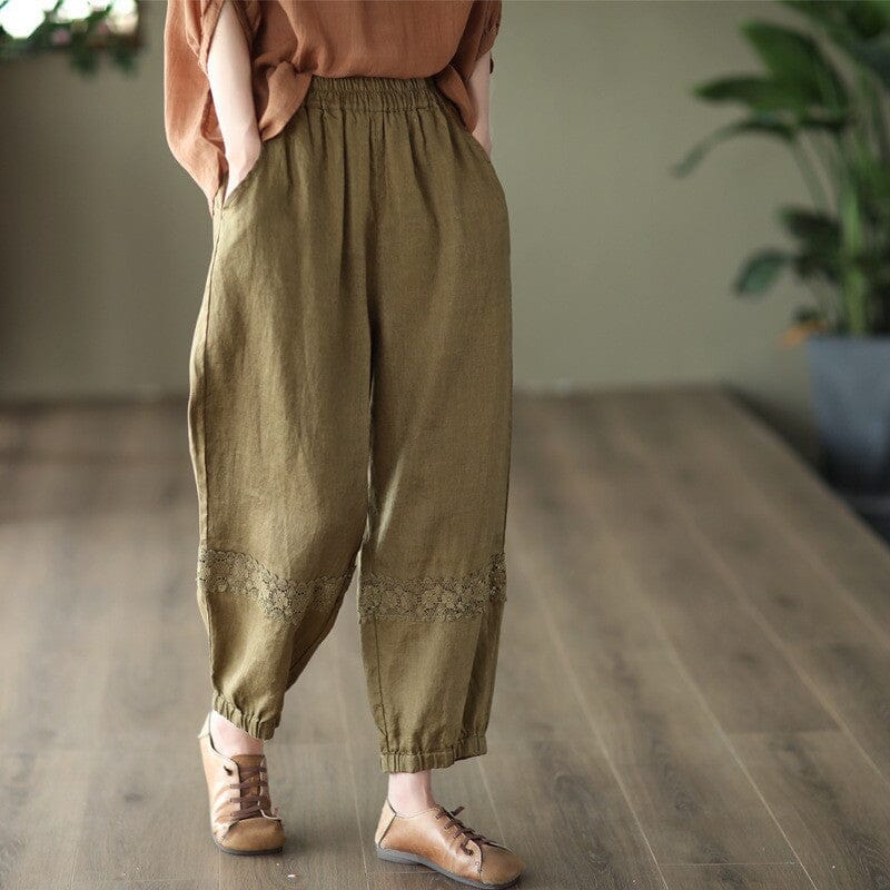 Spring Retro Linen Lace Patchwork Loose Pants