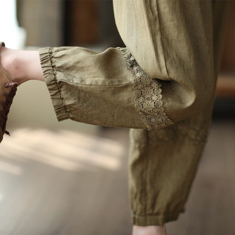 Spring Retro Linen Lace Patchwork Loose Pants