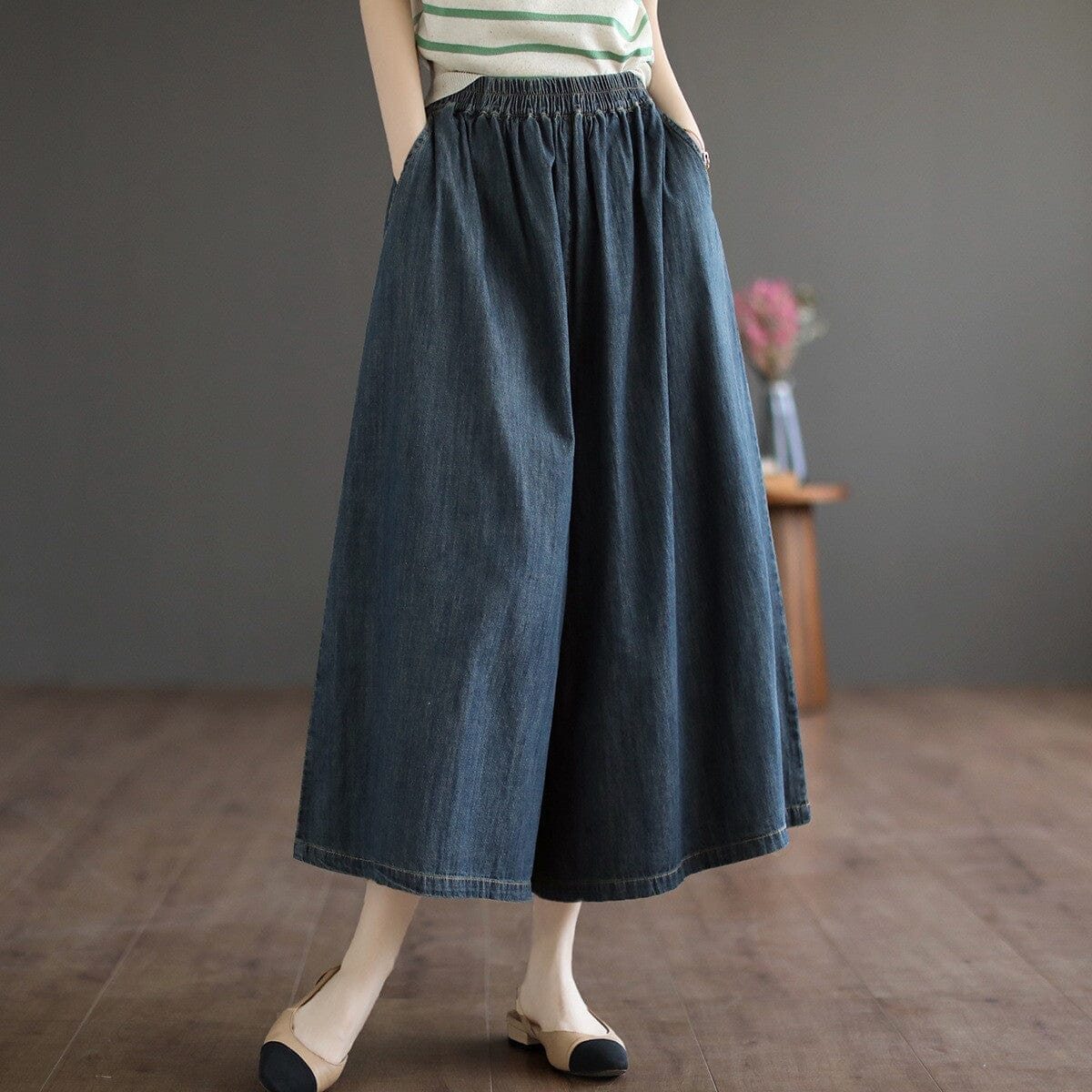 Spring Retro Loose Casual Solid Denim Wide Leg Jeans