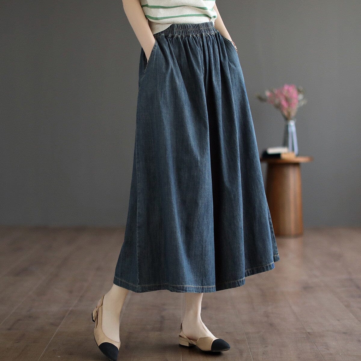 Spring Retro Loose Casual Solid Denim Wide Leg Jeans