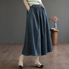 Spring Retro Loose Casual Solid Denim Wide Leg Jeans