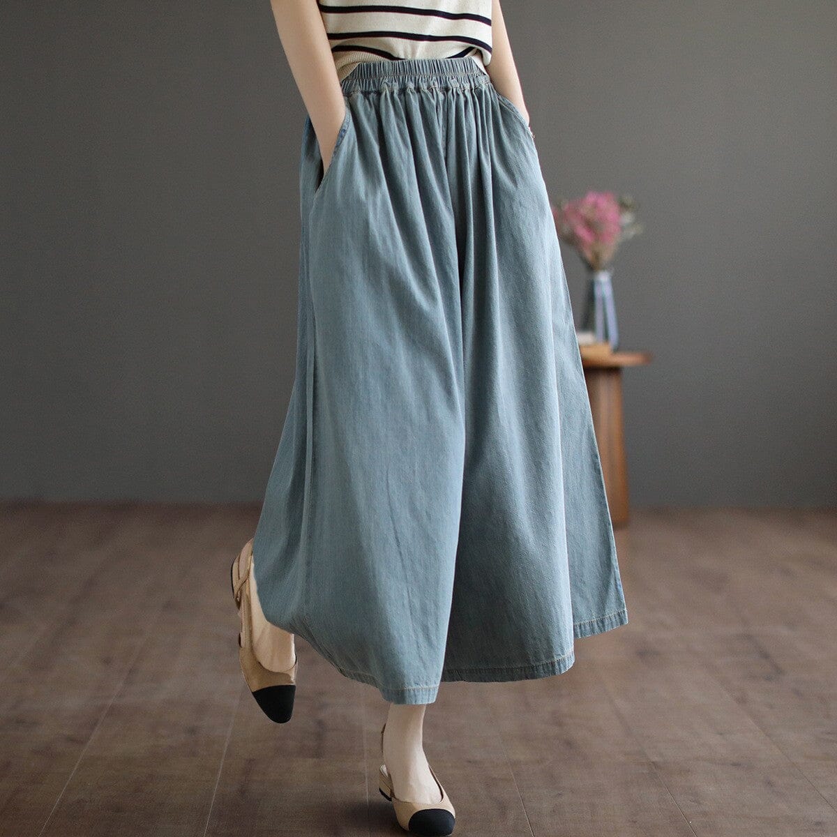 Spring Retro Loose Casual Solid Denim Wide Leg Jeans