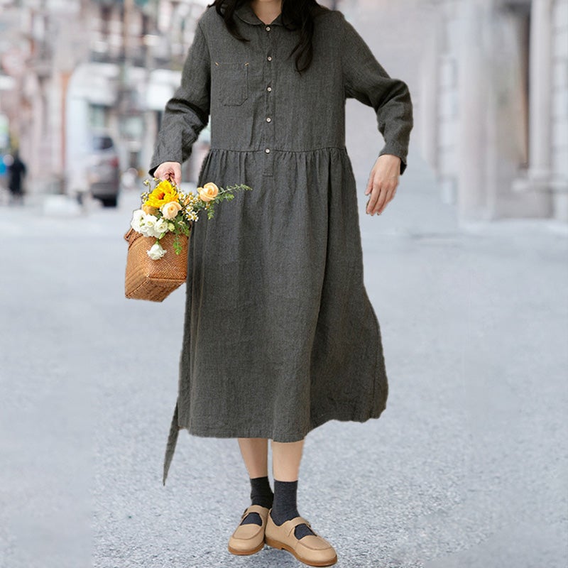 Spring Retro Loose Long Sleeve Linen Dress