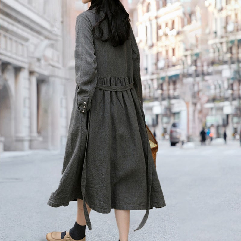 Spring Retro Loose Long Sleeve Linen Dress