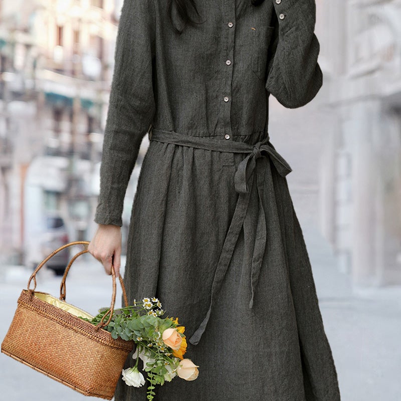 Spring Retro Loose Long Sleeve Linen Dress