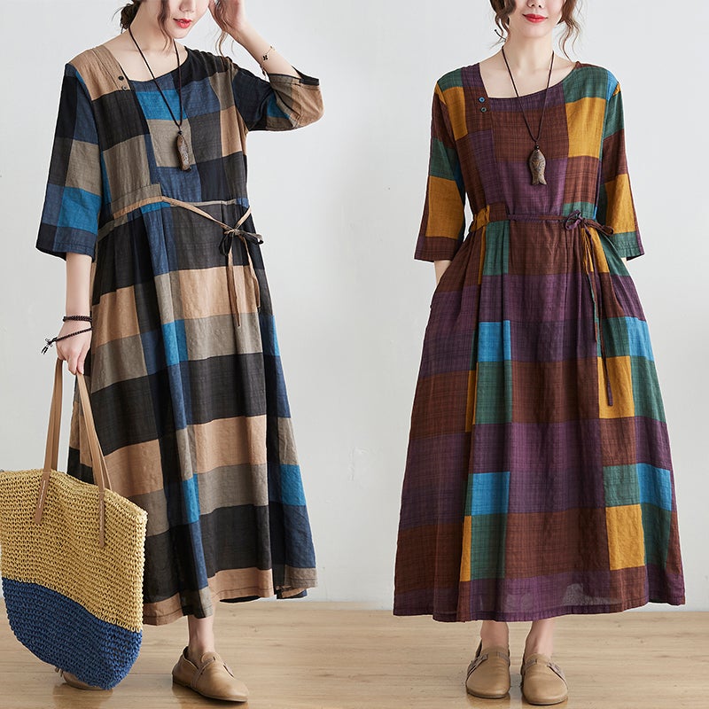 Spring Retro Plaid Plus Size Elegant Dress