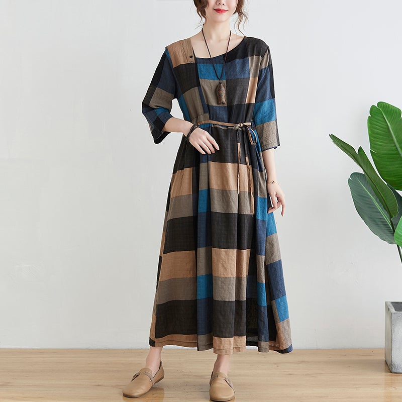 Spring Retro Plaid Plus Size Elegant Dress