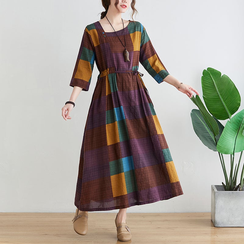 Spring Retro Plaid Plus Size Elegant Dress