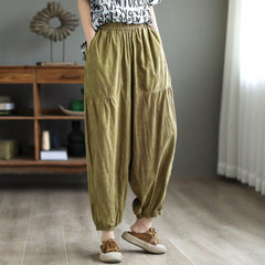 Spring Retro Pleated Cotton Linen Trousers Plus Size