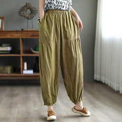 Spring Retro Pleated Cotton Linen Trousers Plus Size