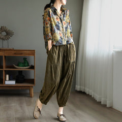 Spring Retro Pleated Cotton Linen Trousers Plus Size