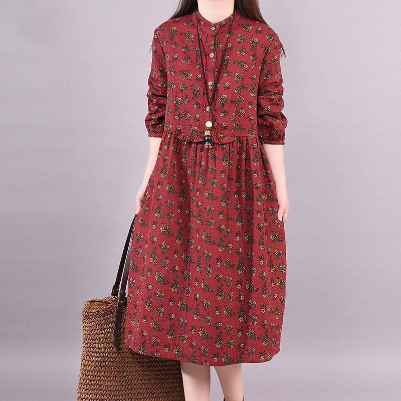 Spring Sprint Long Sleeve Pocket Round Neck Floral Dress