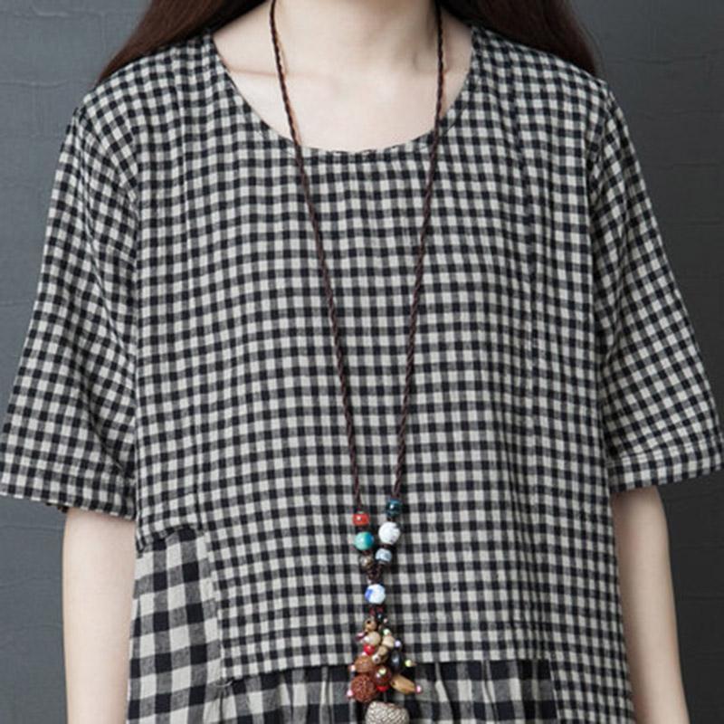 Spring Summer New Loose Women's Cotton Plaid Short Sleeve Dress