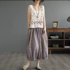 Spring Summer Plaid Patchwork Cotton Pants Plus Size