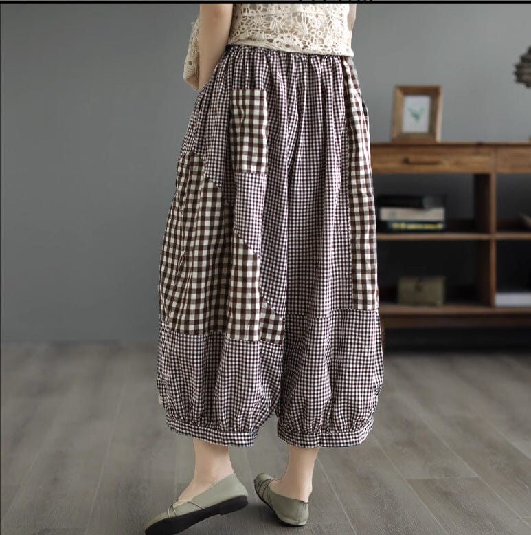 Spring Summer Plaid Patchwork Cotton Pants Plus Size