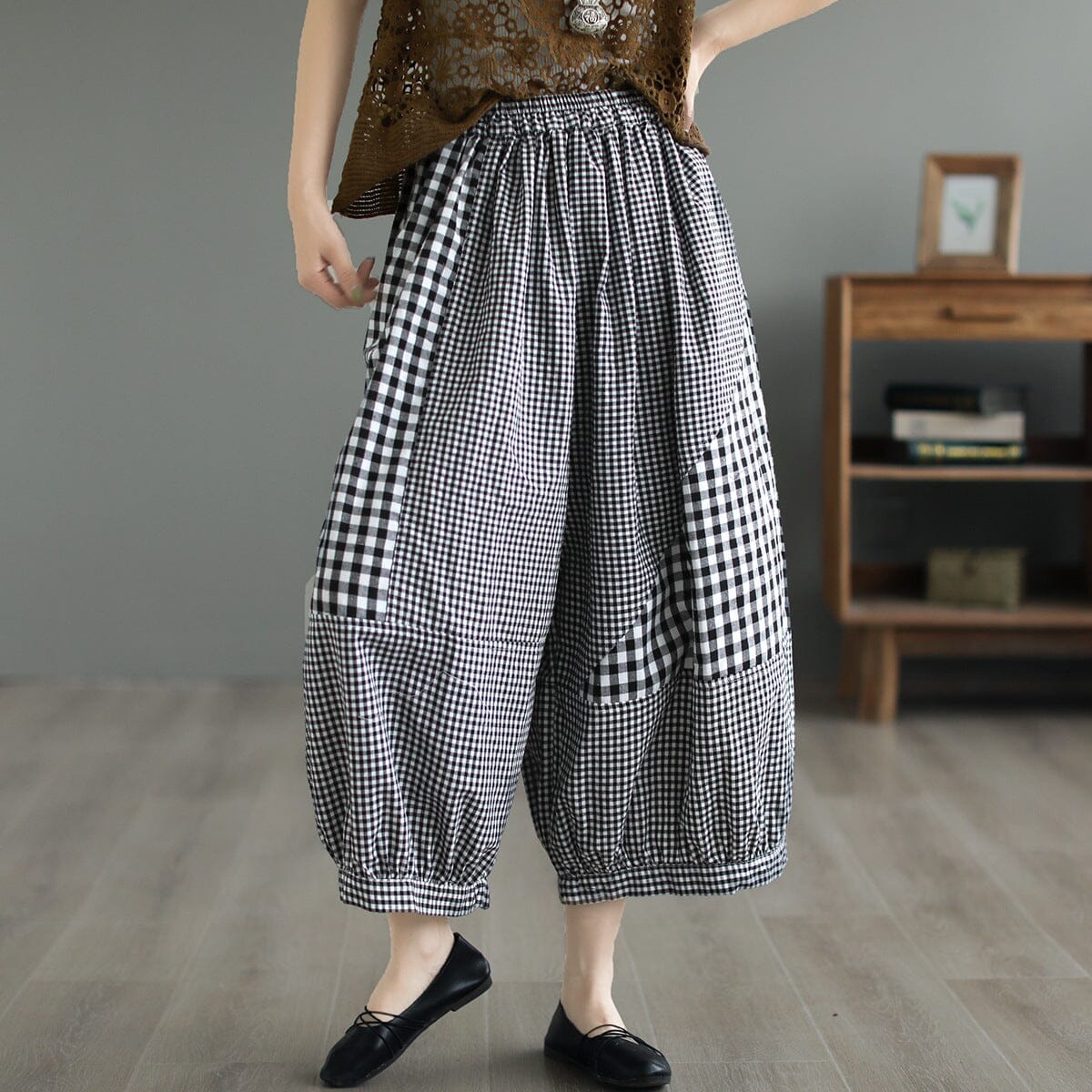 Spring Summer Plaid Patchwork Cotton Pants Plus Size