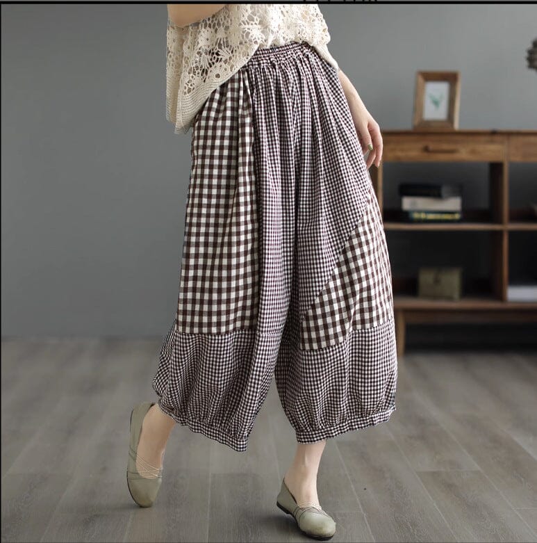 Spring Summer Plaid Patchwork Cotton Pants Plus Size