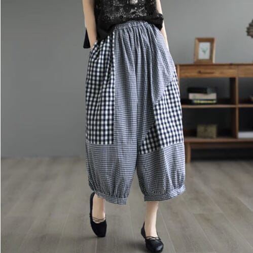 Spring Summer Plaid Patchwork Cotton Pants Plus Size