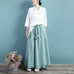 Spring Summer Retro Cotton Linen Solid A-line Skirt