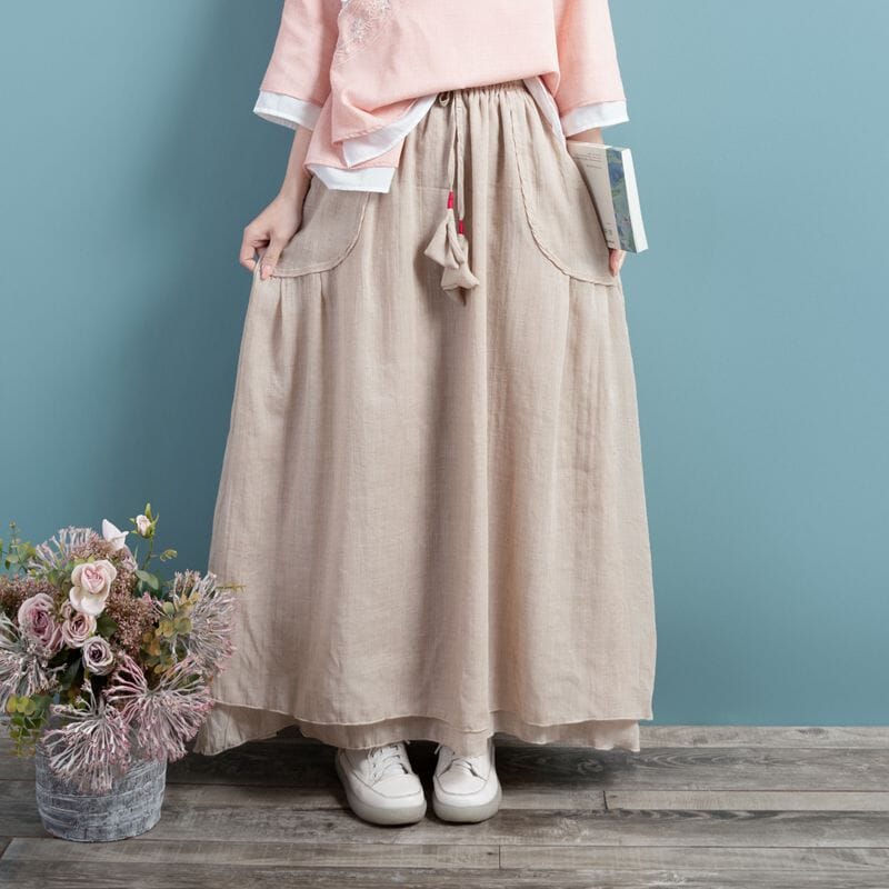 Spring Summer Retro Cotton Linen Solid A-line Skirt