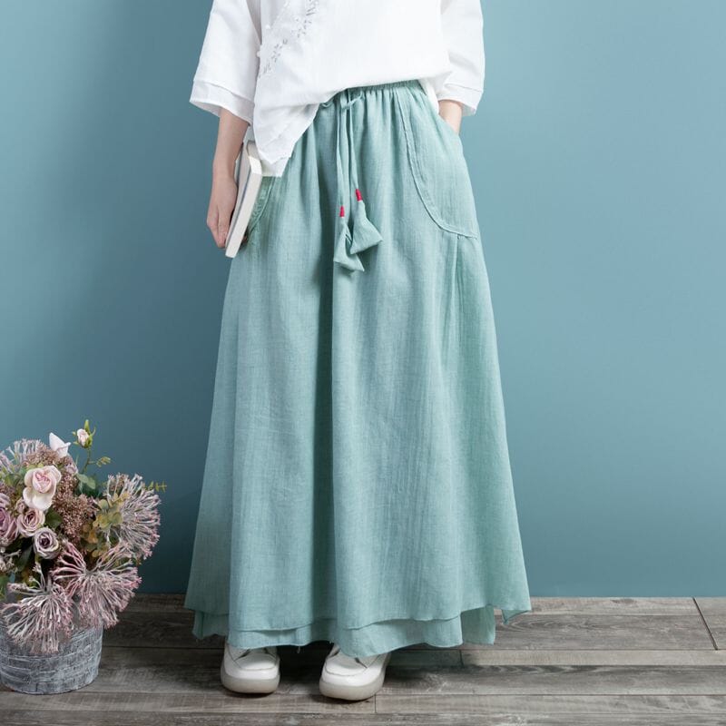 Spring Summer Retro Cotton Linen Solid A-line Skirt