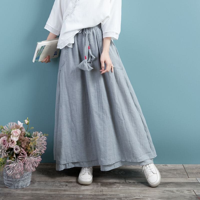 Spring Summer Retro Cotton Linen Solid A-line Skirt