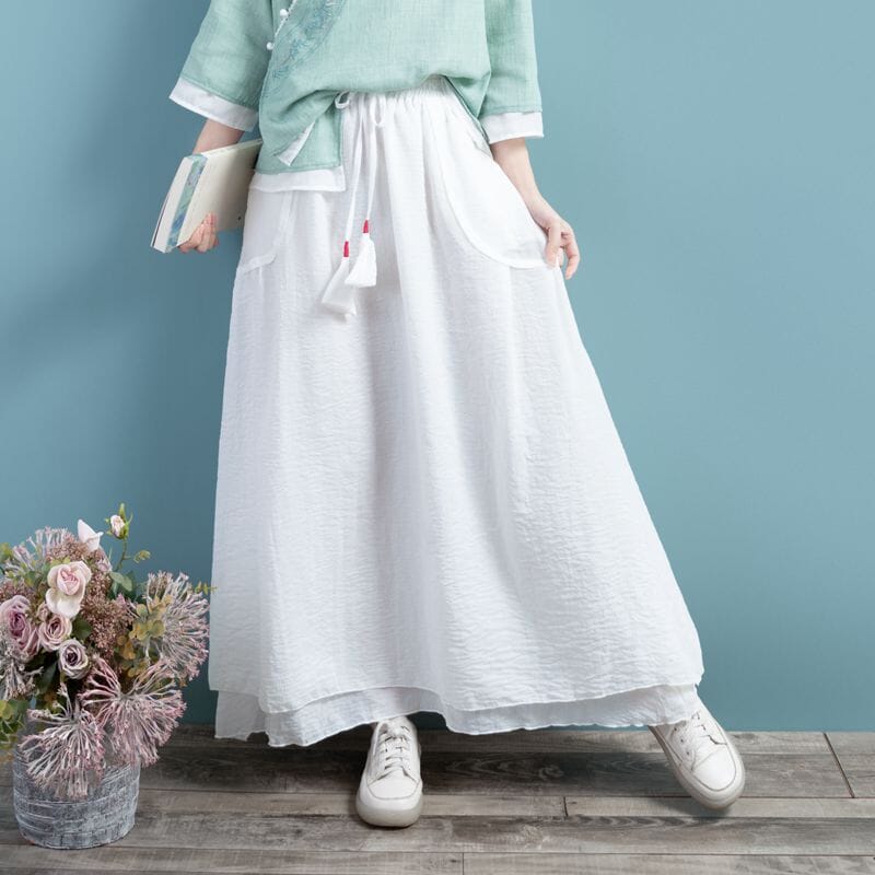 Spring Summer Retro Cotton Linen Solid A-line Skirt