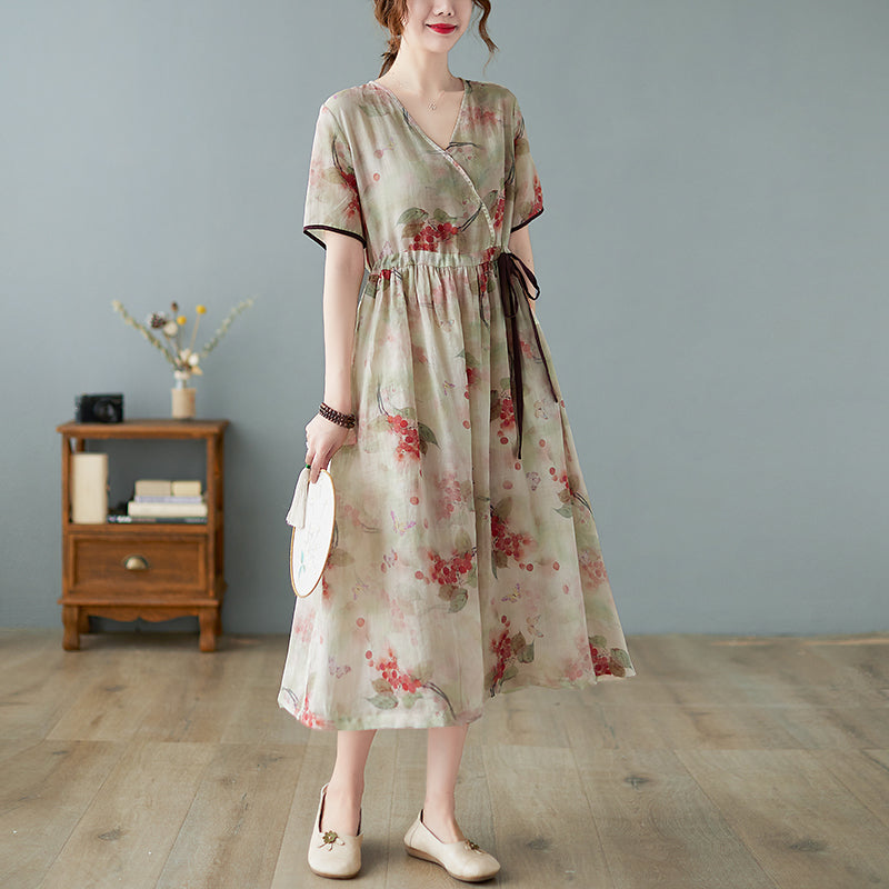 Spring Summer Retro Floral Cotton Linen A-Line Dress