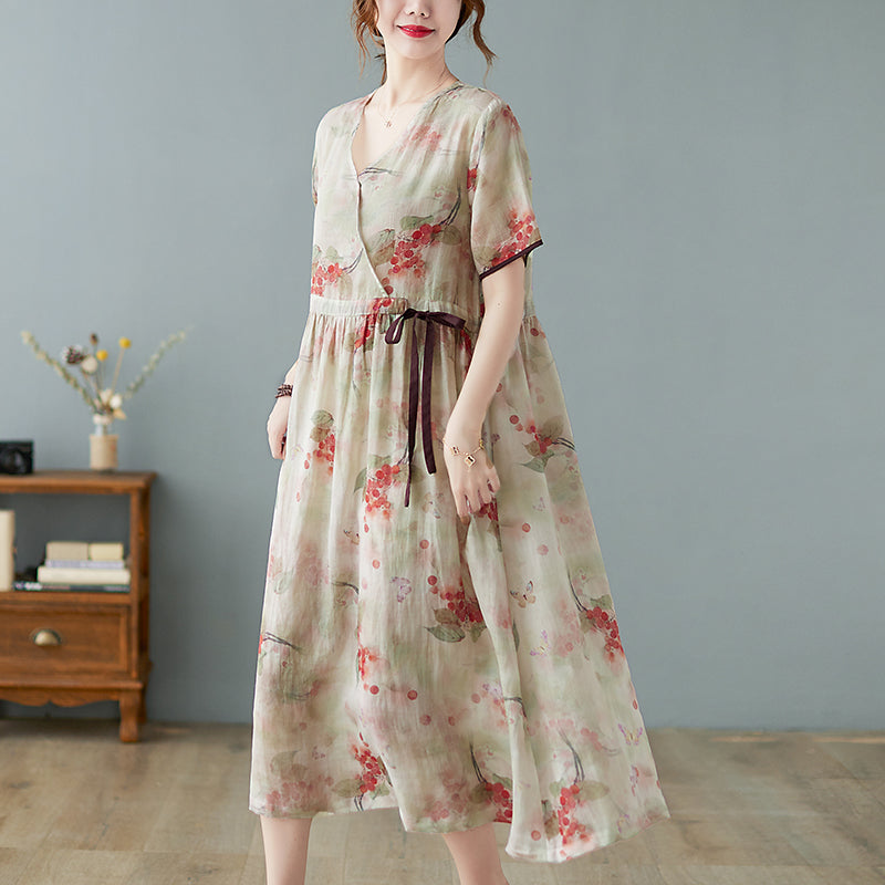 Spring Summer Retro Floral Cotton Linen A-Line Dress