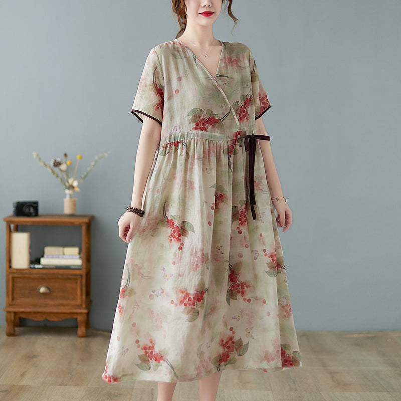 Spring Summer Retro Floral Cotton Linen A-Line Dress