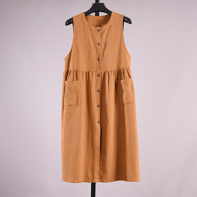 Frühlings-Sommer-Retro-Kleid aus lockerer Baumwolle ohne Ärmel