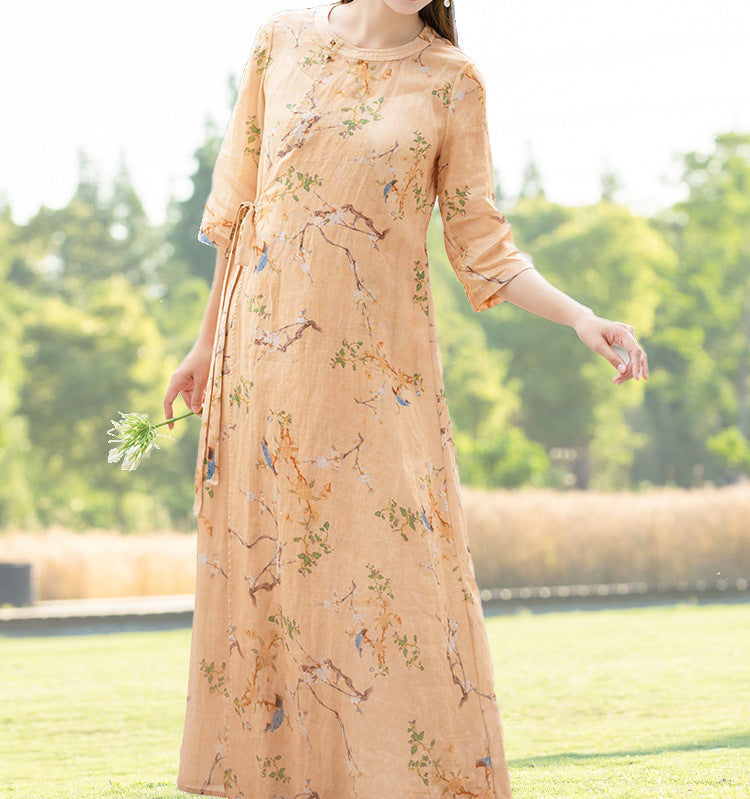 Spring Summer Retro Loose Linen Floral Dress