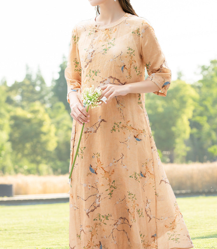 Spring Summer Retro Loose Linen Floral Dress