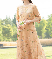 Spring Summer Retro Loose Linen Floral Dress