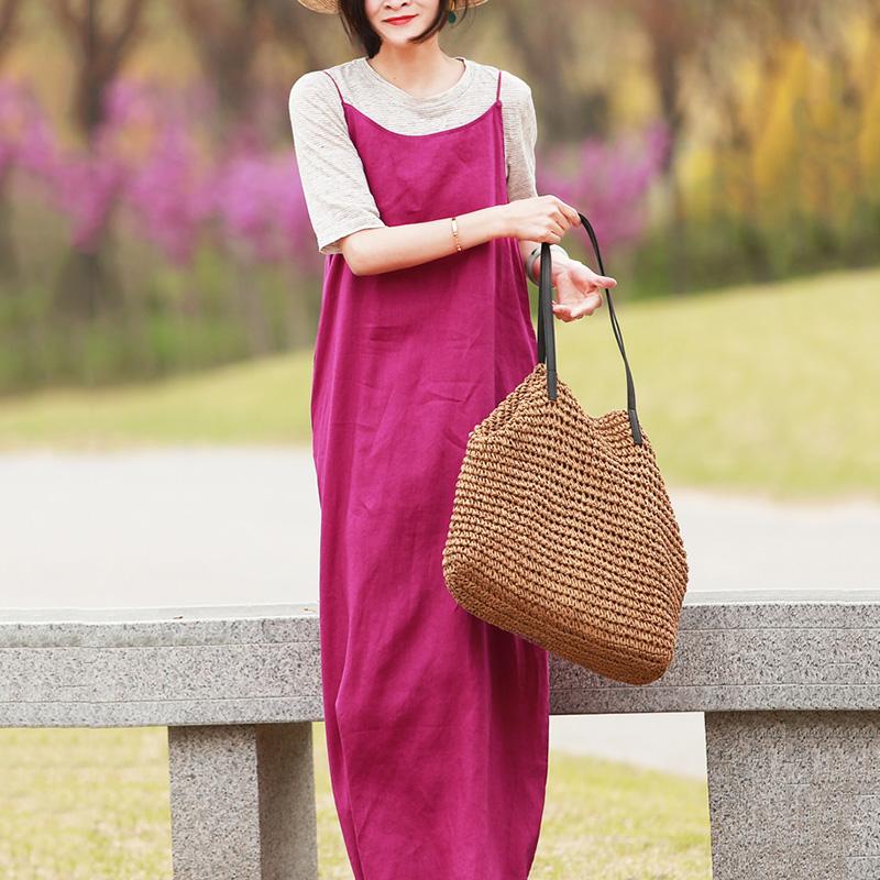 Spring Summer Rose Red Linen Sling Dress