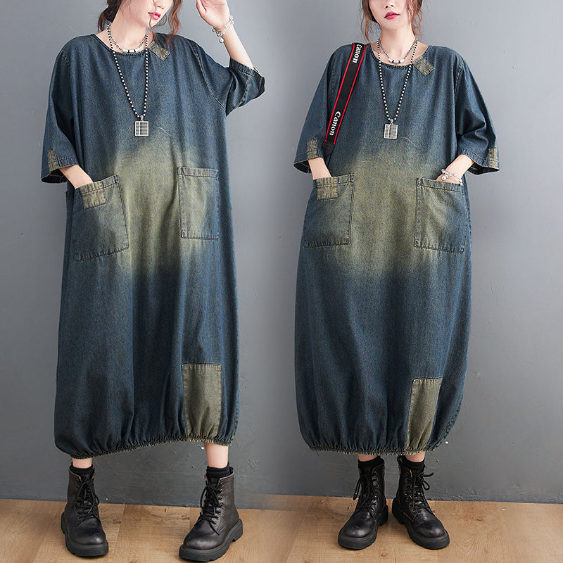 Spring Summer Women Loose Cotton Denim Dress