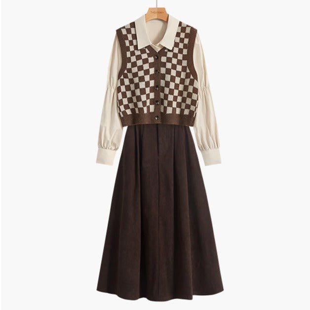 Spring Vest Blouse Long Skirt Plaid 3-piece Set