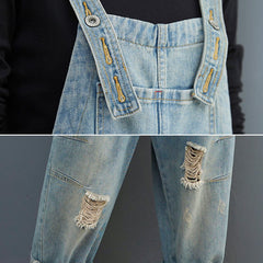 Spring Women Retro Loose Patchwork Ripped Denim Jumpsuit