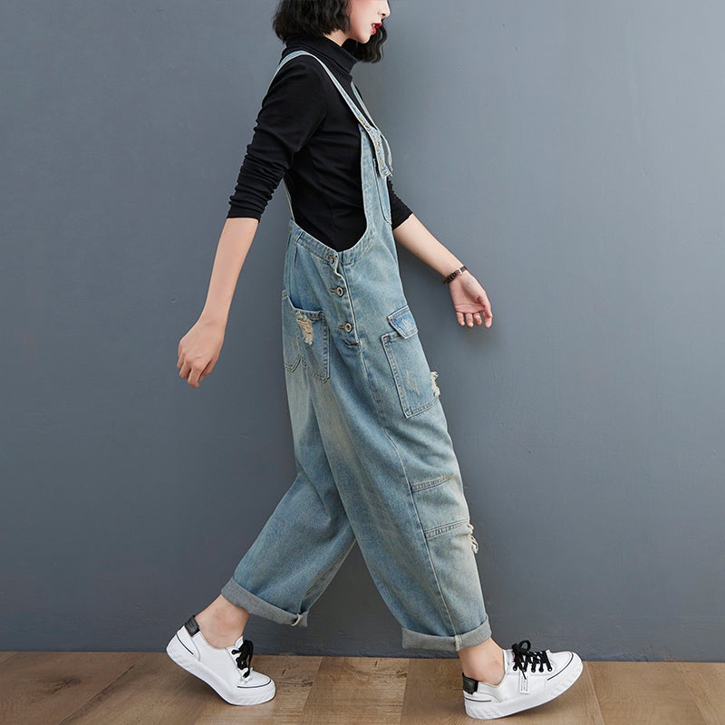 Spring Women Retro Loose Patchwork Ripped Denim Jumpsuit