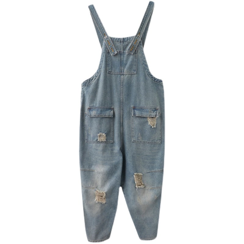 Spring Women Retro Loose Patchwork Ripped Denim Jumpsuit